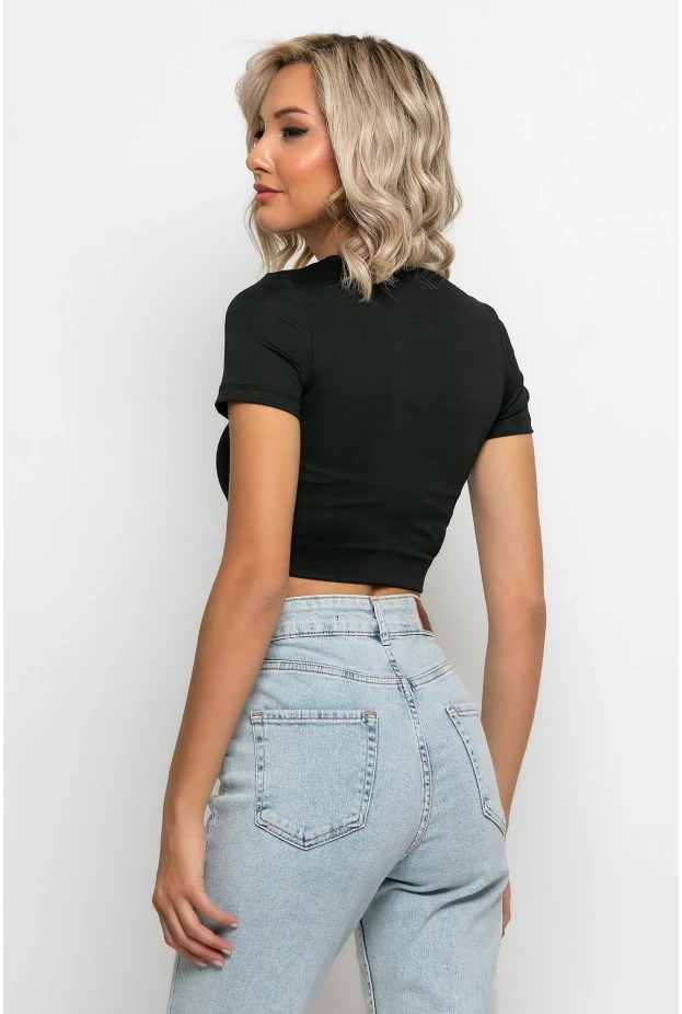 Crop top κοντομάνικο με λάστιχο στην μέση μαύρο