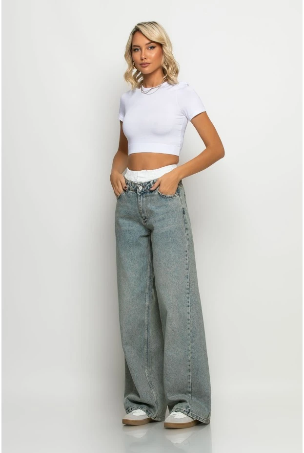 Crop top κοντομάνικο με λάστιχο στην μέση λευκό
