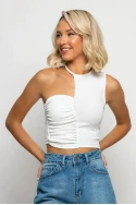 Crop top ασύμμετρο με δέσιμο στον λαιμό λευκό