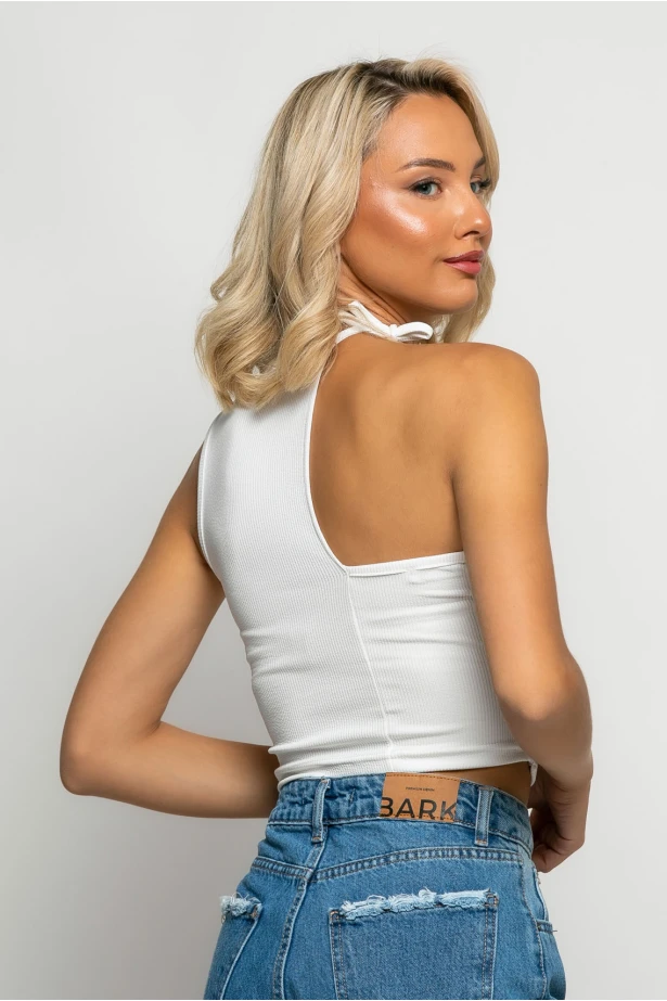 Crop top ασύμμετρο με δέσιμο στον λαιμό λευκό