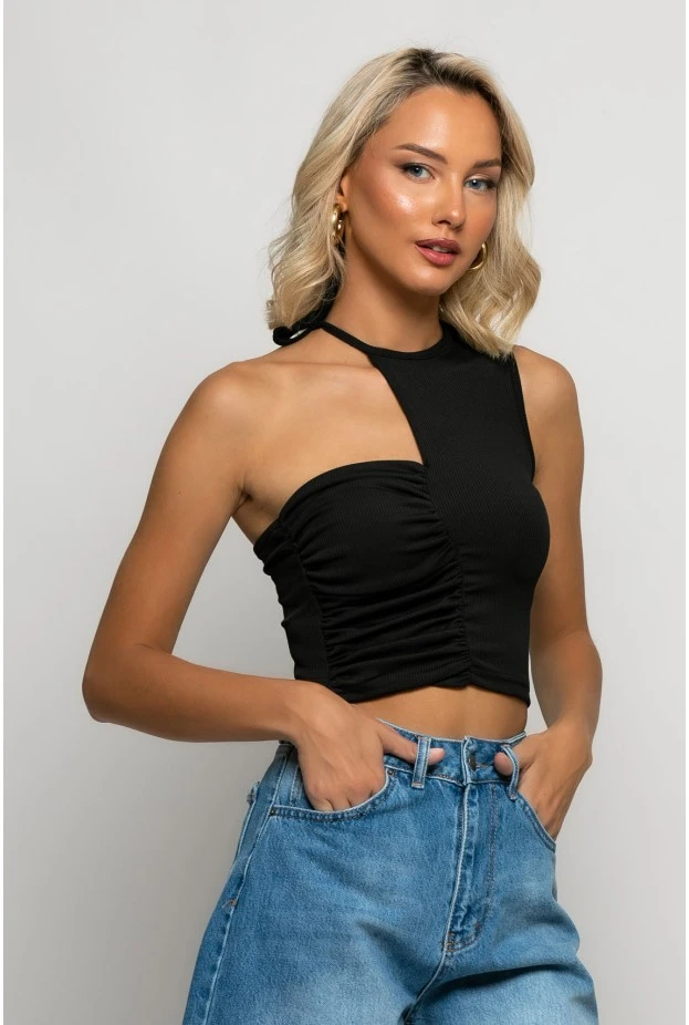 Crop top ασύμμετρο με δέσιμο στον λαιμό μαύρο