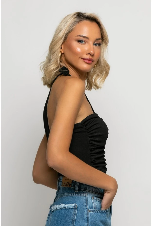 Crop top ασύμμετρο με δέσιμο στον λαιμό μαύρο