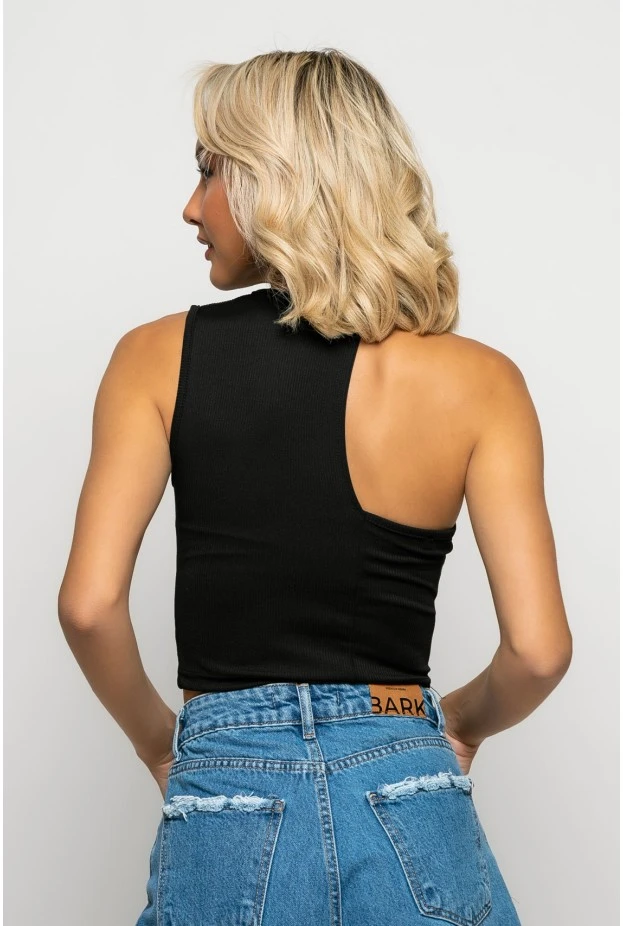 Crop top ασύμμετρο με δέσιμο στον λαιμό μαύρο