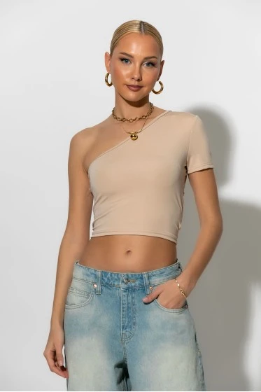 Cropped μπλουζα με σχέδιο στην πλάτη μπεζ