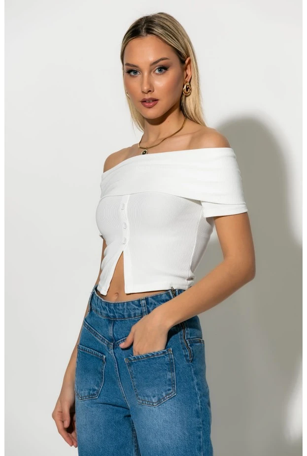 T-shirt bardot με κουμπιά λευκό
