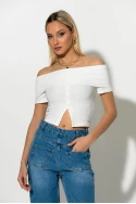 T-shirt bardot με κουμπιά λευκό