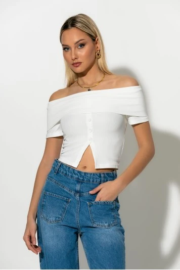 T-shirt bardot με κουμπιά λευκό