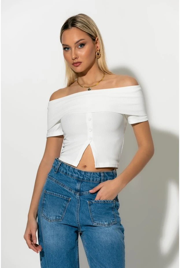 T-shirt bardot με κουμπιά λευκό