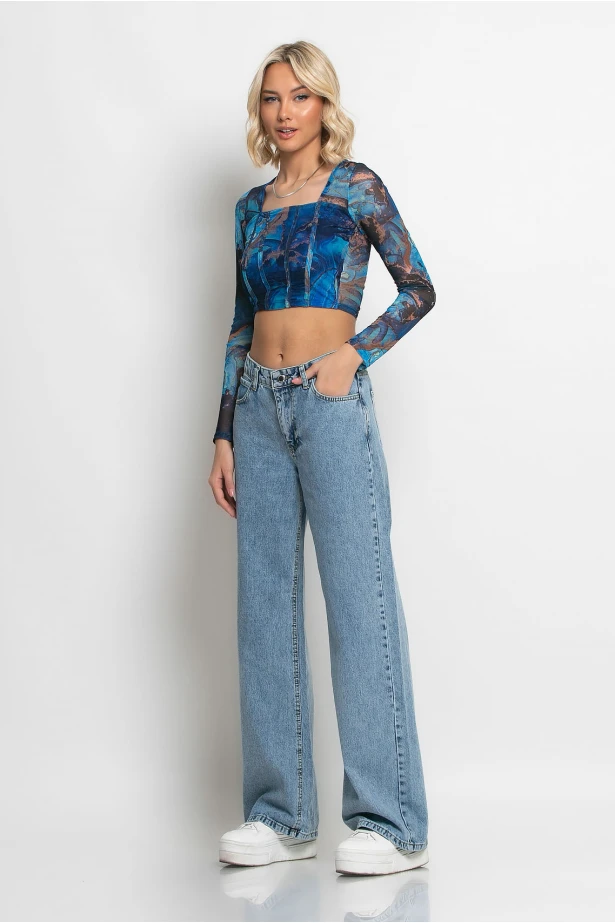Crop top με διαφάνειες εμπριμέ μπλε