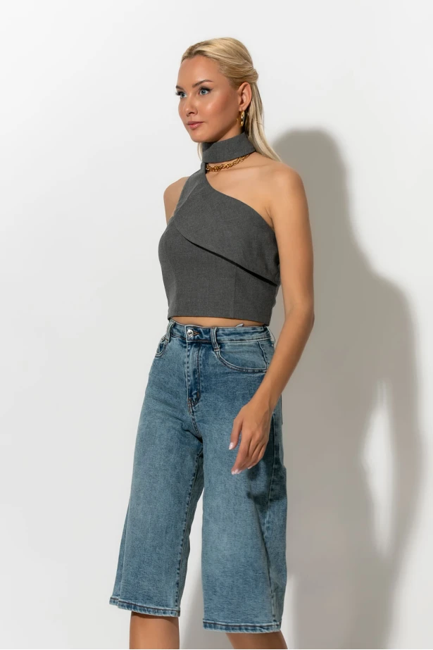 Crop top ασύμμετρο με choker λαιμόκοψη γκρι