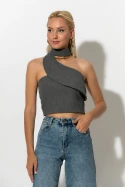 Crop top ασύμμετρο με choker λαιμόκοψη γκρι