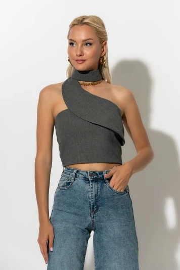 Crop top ασύμμετρο με choker λαιμόκοψη γκρι