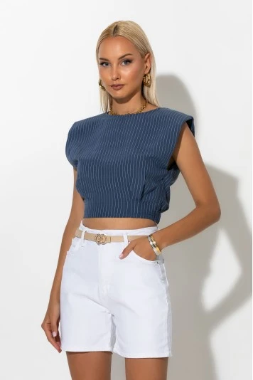 Cropped ριγέ αμάνικη μπλούζα με βάτες μπλε 