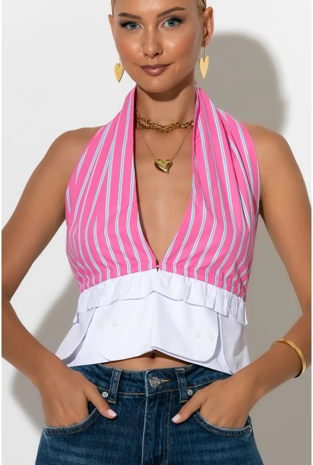 Crop top ριγέ με ανοιχτή πλάτη ροζ 