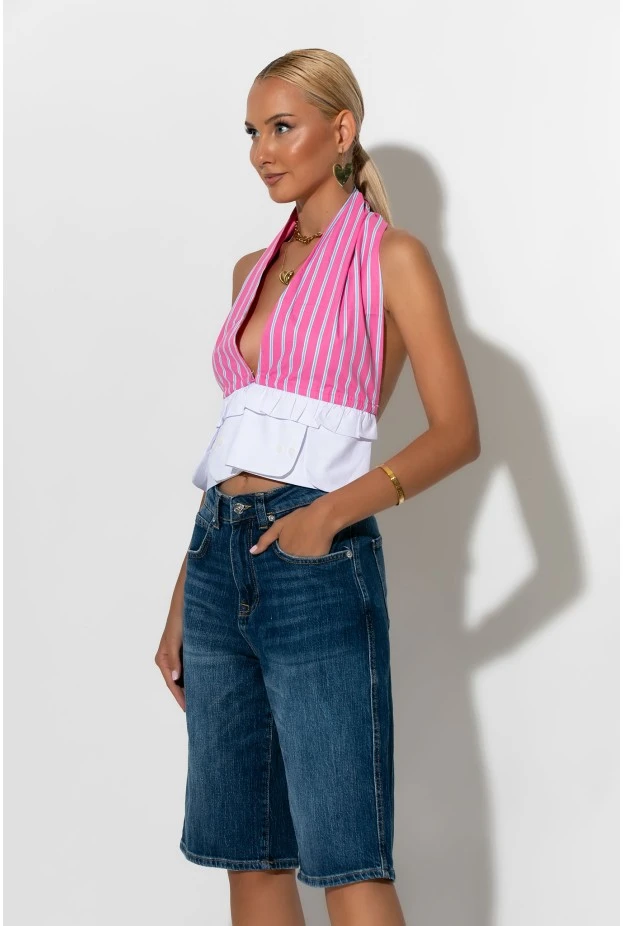 Crop top ριγέ με ανοιχτή πλάτη ροζ 