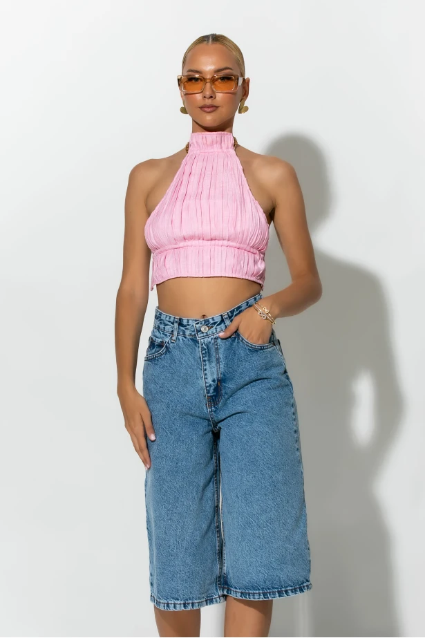 Cropped halter top με ανοιχτή πλάτη ροζ Cropped halter top με ανοιχτή πλάτη ροζ