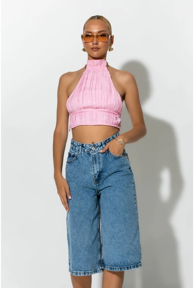 Cropped halter top με ανοιχτή πλάτη ροζ 