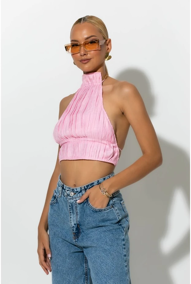 Cropped halter top με ανοιχτή πλάτη ροζ 