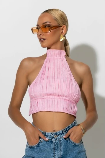 Cropped halter top με ανοιχτή πλάτη ροζ 