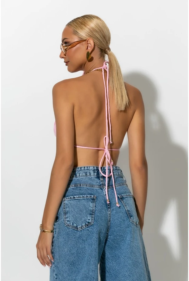 Cropped halter top με ανοιχτή πλάτη ροζ 