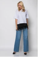 T-shirt κοντομάνικο oversized με σατέν και δαντέλα στο τελείωμα λευκό