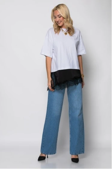 T-shirt κοντομάνικο oversized με σατέν και δαντέλα στο τελείωμα λευκό