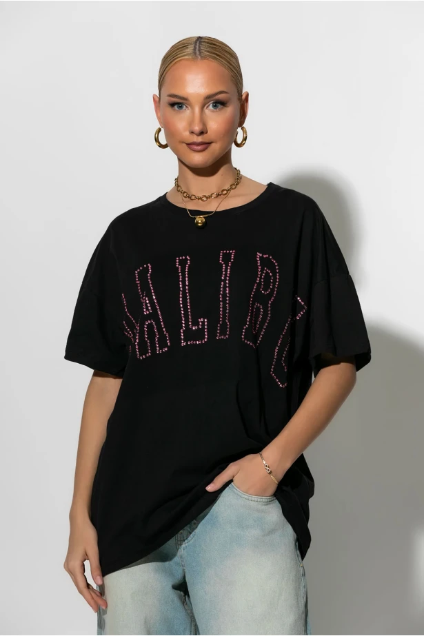 Oversized t-shirt με στρας malibu μαύρο Oversized t-shirt με στρας malibu μαύρο