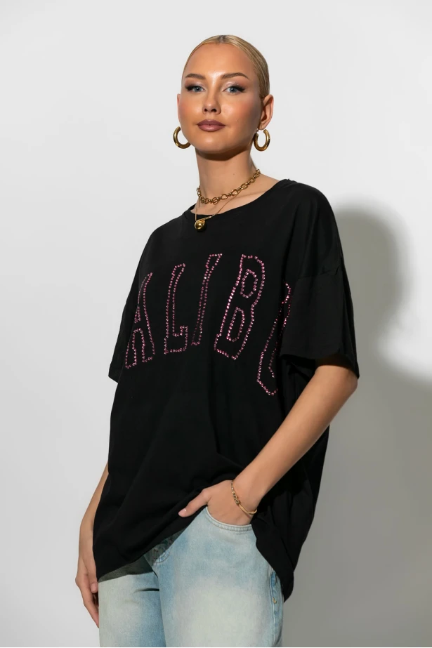 Oversized t-shirt με στρας malibu μαύρο Oversized t-shirt με στρας malibu μαύρο