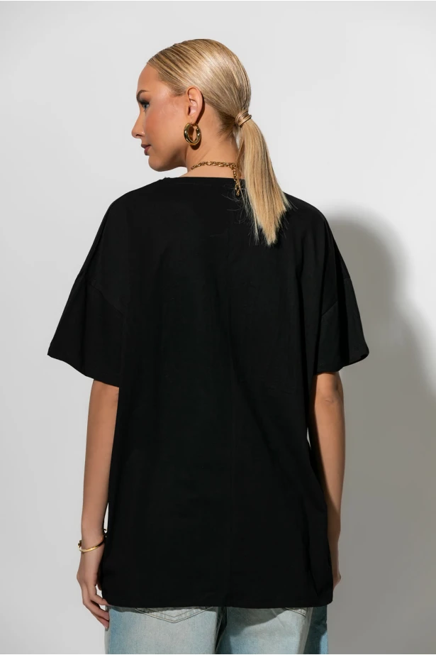 Oversized t-shirt με στρας malibu μαύρο Oversized t-shirt με στρας malibu μαύρο