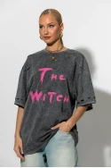 Oversized t-shirt με στάμπα witch και φθορές ανθρακί Oversized t-shirt με στάμπα witch και φθορές ανθρακί