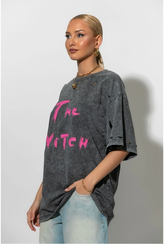 Oversized t-shirt με στάμπα witch και φθορές ανθρακί