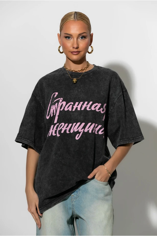 Oversized t-shirt με στάμπα pink letters ανθρακί Oversized t-shirt με στάμπα pink letters ανθρακί