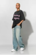Oversized t-shirt με στάμπα pink letters ανθρακί Oversized t-shirt με στάμπα pink letters ανθρακί