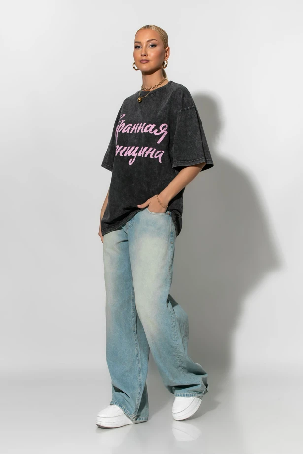 Oversized t-shirt με στάμπα pink letters ανθρακί Oversized t-shirt με στάμπα pink letters ανθρακί