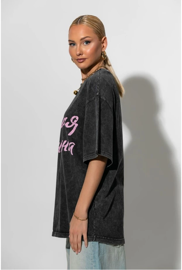 Oversized t-shirt με στάμπα pink letters ανθρακί