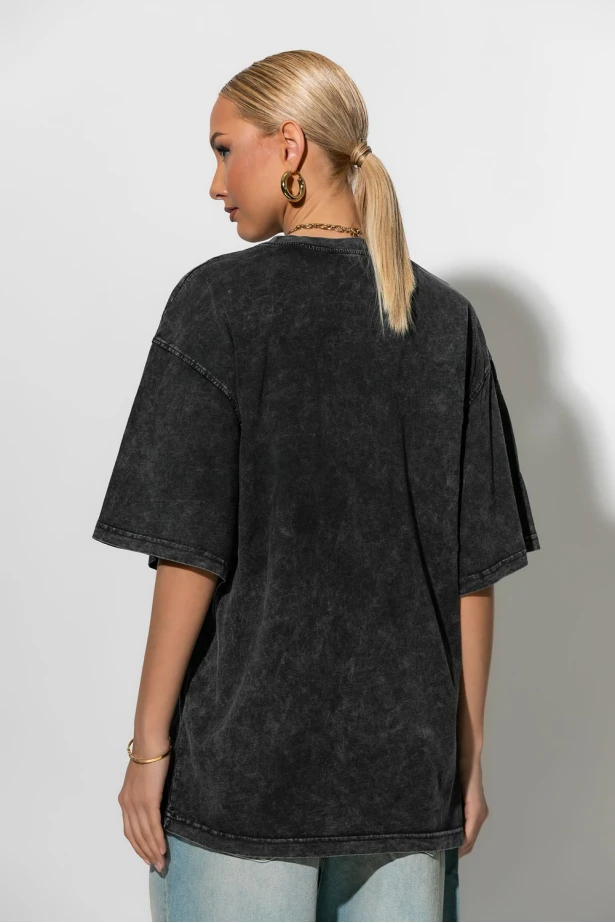 Oversized t-shirt με στάμπα pink letters ανθρακί Oversized t-shirt με στάμπα pink letters ανθρακί