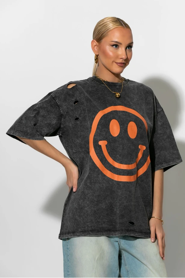 Oversized t-shirt με στάμπα και φθορές smile ανθρακί Oversized t-shirt με στάμπα και φθορές smile ανθρακί