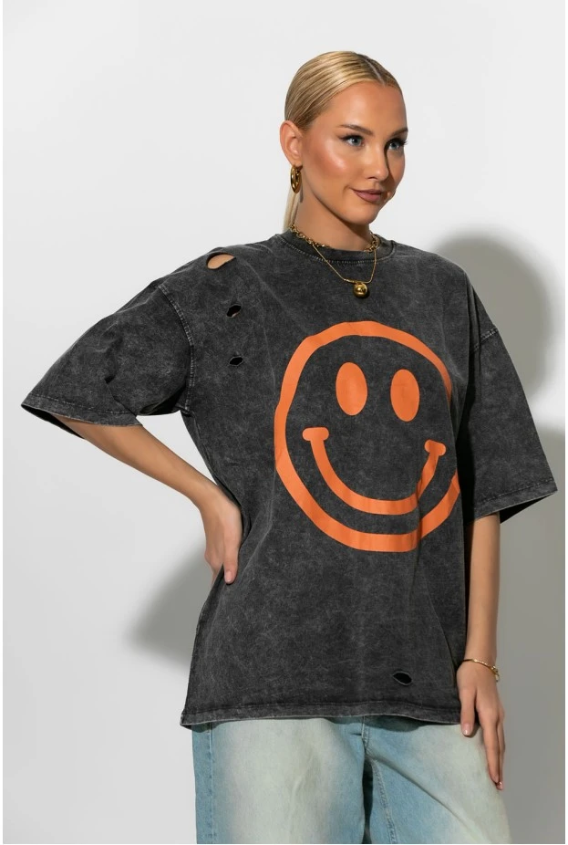 Oversized t-shirt με στάμπα και φθορές smile ανθρακί 