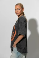 Oversized t-shirt με στάμπα και φθορές smile ανθρακί Oversized t-shirt με στάμπα και φθορές smile ανθρακί