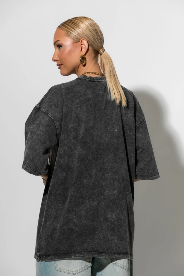 Oversized t-shirt με στάμπα και φθορές smile ανθρακί Oversized t-shirt με στάμπα και φθορές smile ανθρακί