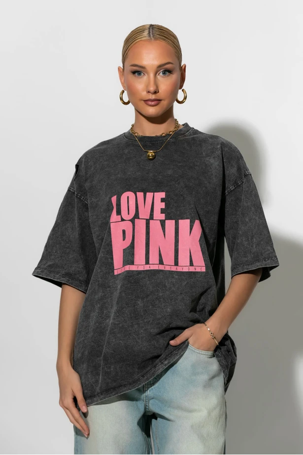 Oversized t-shirt με στάμπα love pink ανθρακί Oversized t-shirt με στάμπα love pink ανθρακί