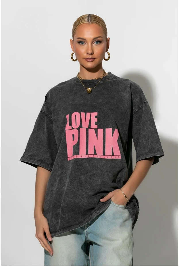 Oversized t-shirt με στάμπα love pink ανθρακί
