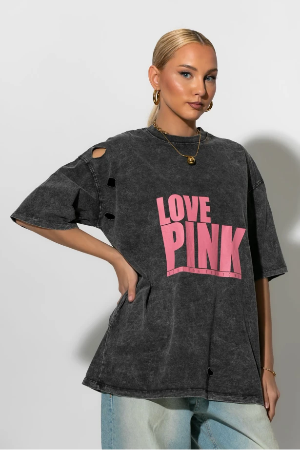 Oversized t-shirt με στάμπα love pink ανθρακί Oversized t-shirt με στάμπα love pink ανθρακί