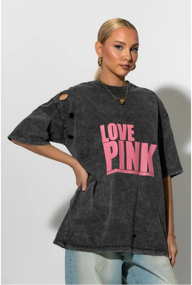 Oversized t-shirt με στάμπα love pink ανθρακί