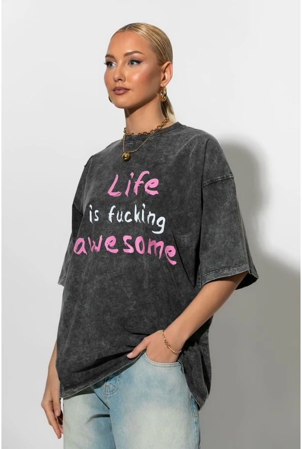 Oversized T-shirt με στάμπα life is awesome ανθρακί