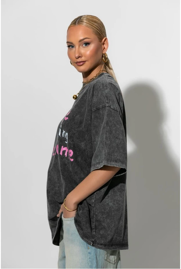Oversized T-shirt με στάμπα life is awesome ανθρακί