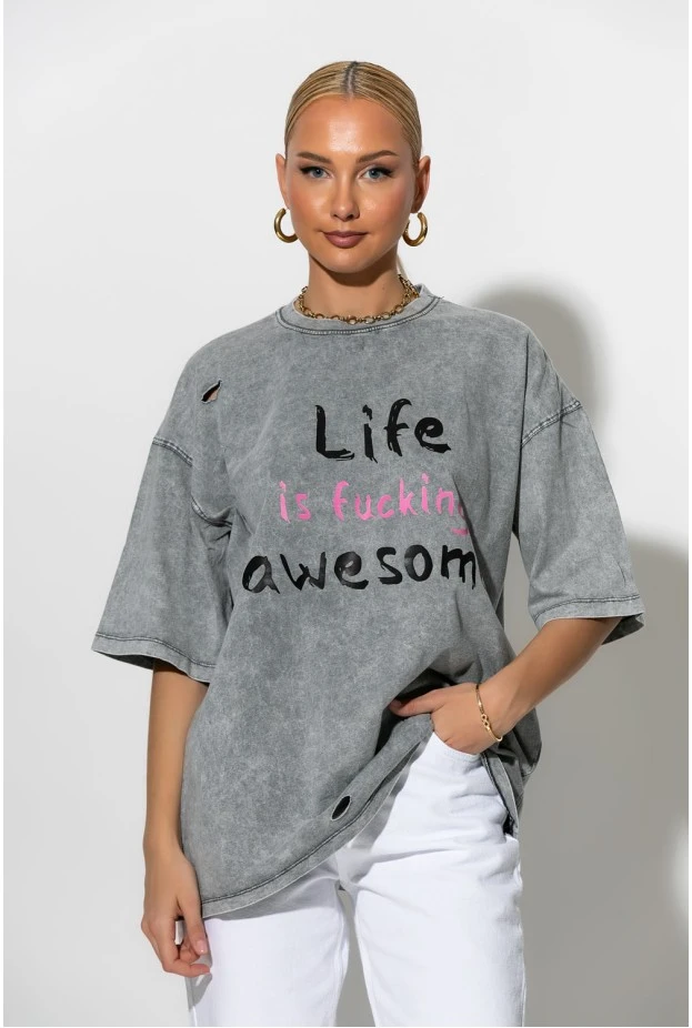Oversized  T-shirt με στάμπα life is awesome γκρι