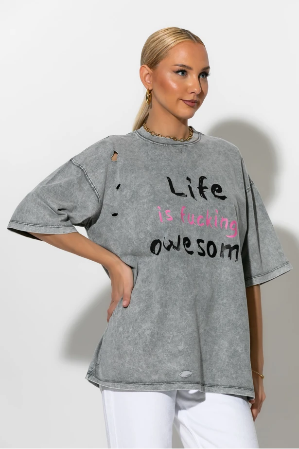 Oversized  T-shirt με στάμπα life is awesome γκρι