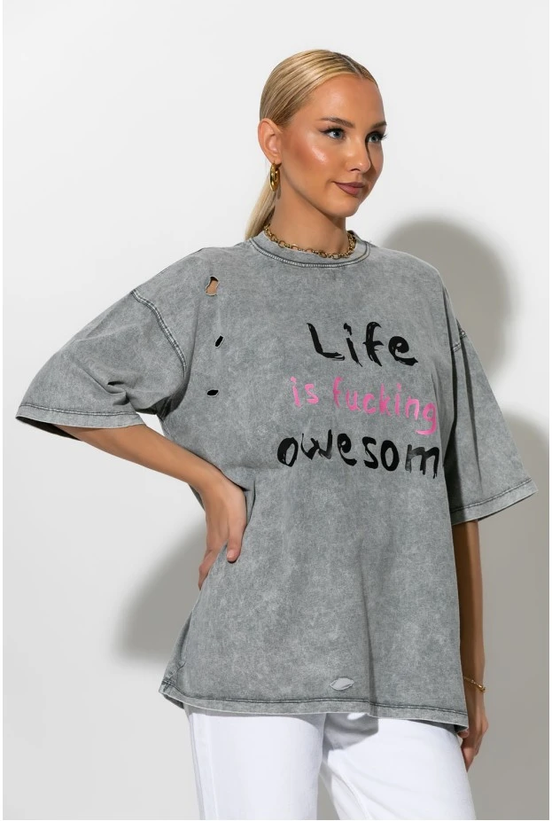 Oversized  T-shirt με στάμπα life is awesome γκρι