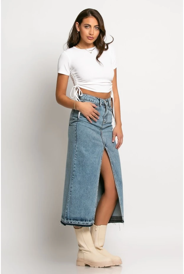 Jean φούστα μίντι χωρίς τελειώματα blue denim